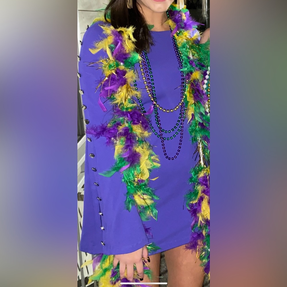 Deep purple unique cocktail dress with silver buttons down the sleeve